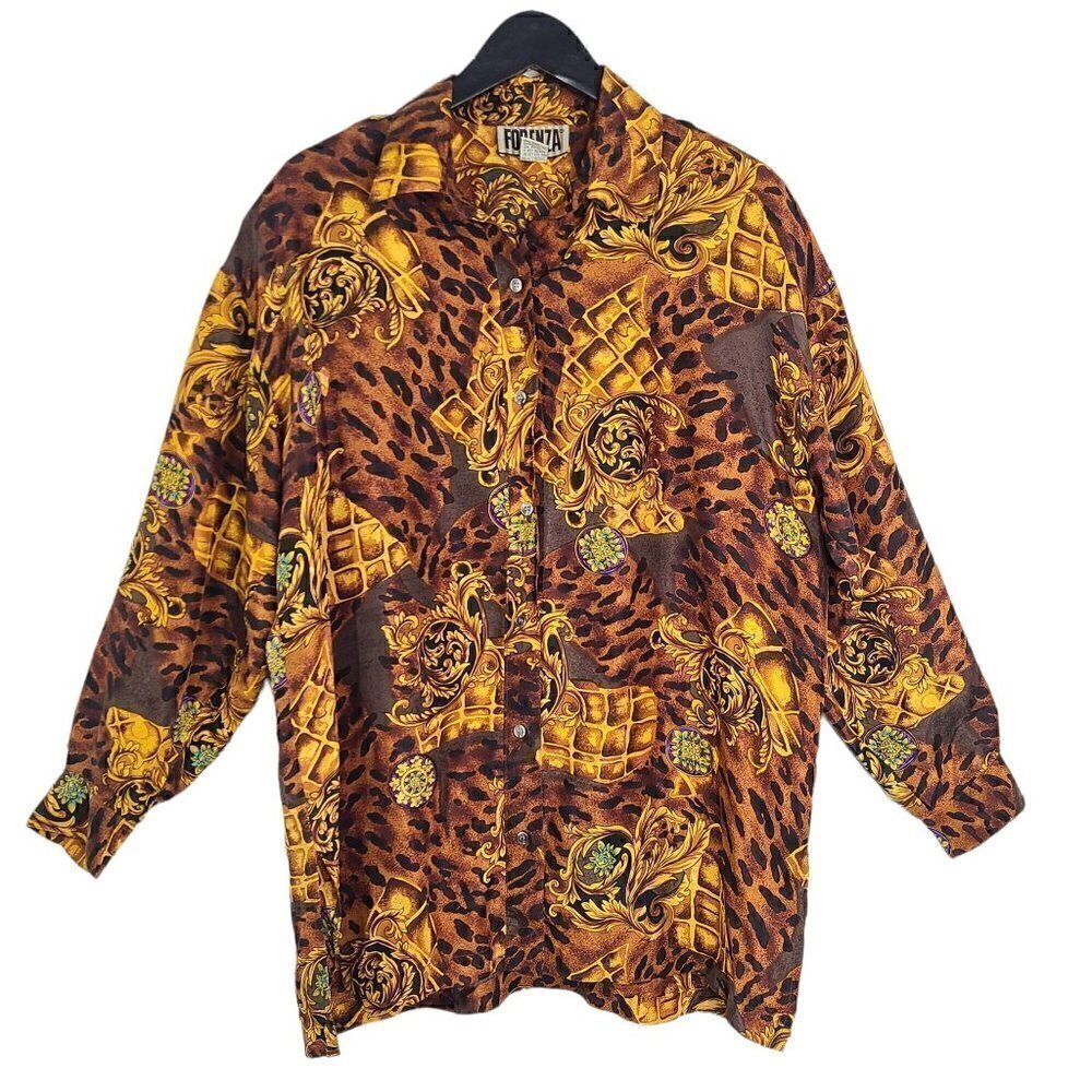 Vintage 90s Forenza Silk Animal Print OVERSIZED Button Front Long Sleeve  Shirt